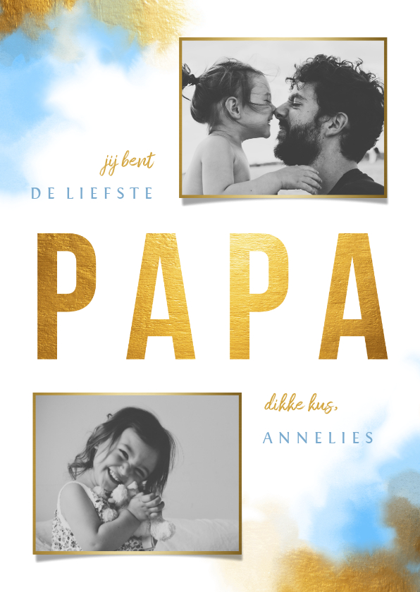 Vaderdag kaarten - Vaderdagkaart gouden 'PAPA' met foto's en waterverf