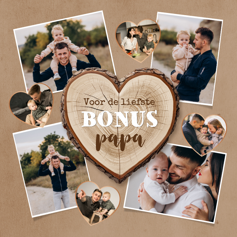Vaderdagkaart liefste bonus papa houten hart fotocollage - Vaderdag kaarten Vaderdag kaarten - Vaderdagkaart liefste bonus papa houten hart fotocollage