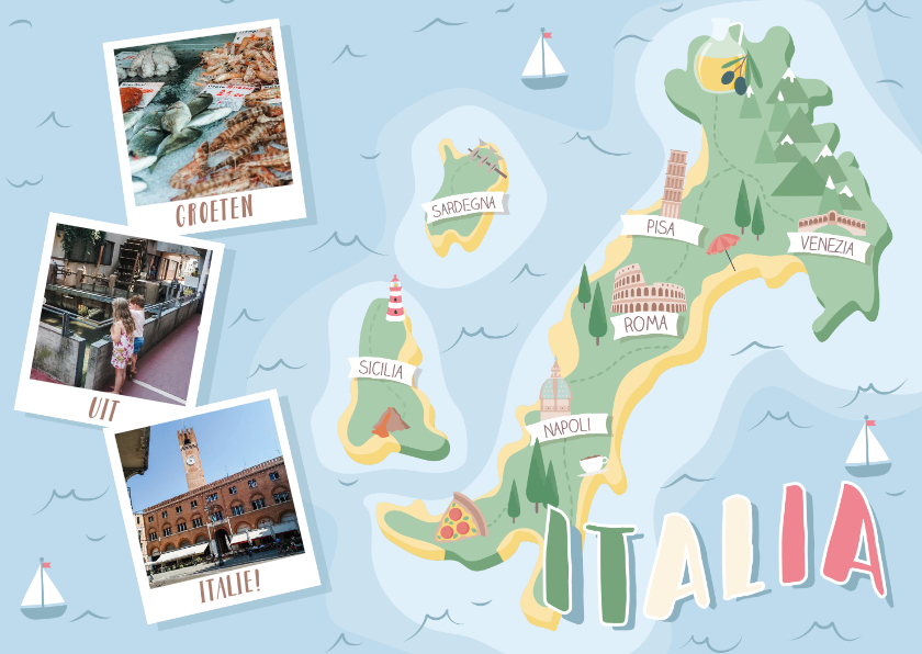 Vakantiekaarten - Groeten uit Italië met grappige landkaart en foto's