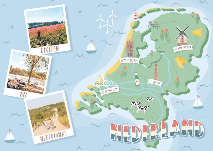 Vakantiekaarten - Groeten uit Nederland met grappige landkaart en fotocollage