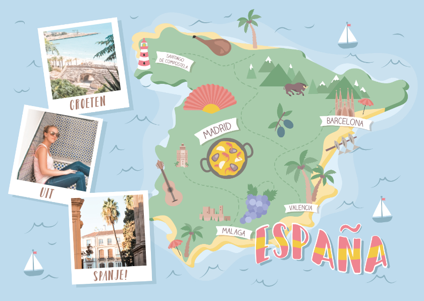 Vakantiekaarten - Groeten uit Spanje met grappige landkaart en foto's
