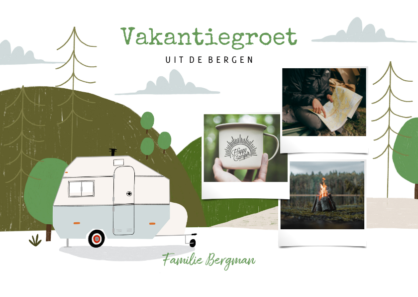 Vakantiekaarten - Hippe vakantiekaart kamperen in de bergen en fotocollage