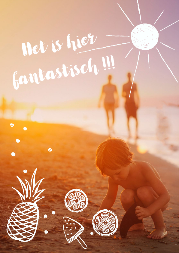 Vakantiekaarten - Hippe vakantiekaart met foto en zomerse tekeningen.