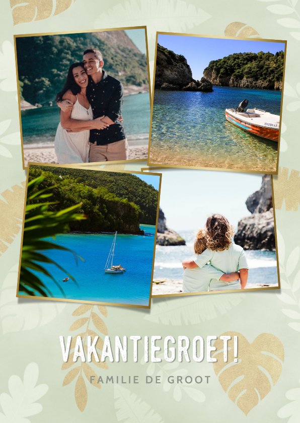 Vakantiekaarten - Leuke fotocollage vakantiekaart met gouden plantjes 