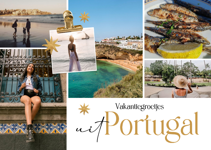 Vakantiekaarten - Moderne vakantiekaart groetjes uit collage zon goud