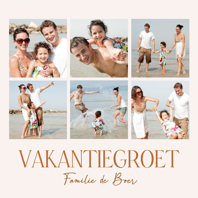 Mooie vakantie fotocollage kaart met vierkante foto's beige - Vakantiekaarten Vakantiekaarten - Mooie vakantie fotocollage kaart met vierkante foto's beige