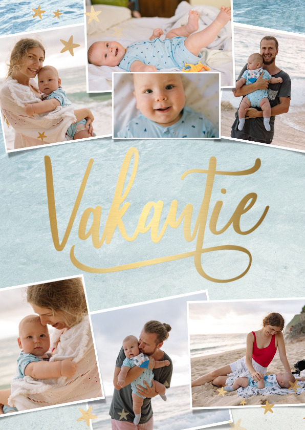 Vakantiekaarten - Stijlvolle fotocollage vakantiekaart met goud 'vakantie'