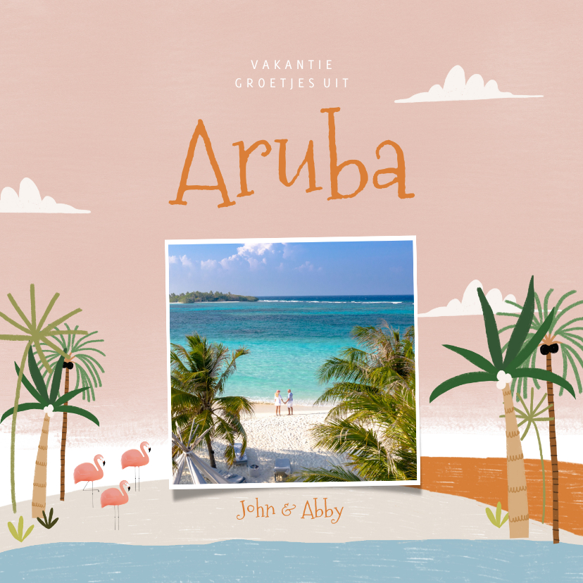 Vakantiekaarten - Tropische vakantiekaart Aruba flamingo's en palmbomen