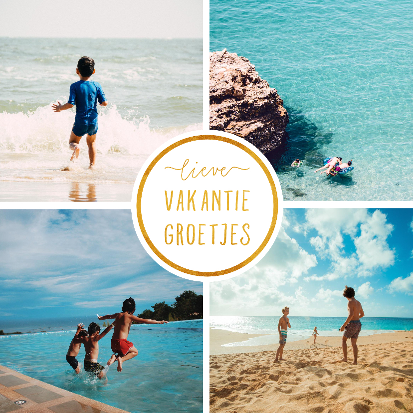 Vakantiekaarten - Vakantiekaart met 4 foto's vierkant 'Vakantiegroetjes' 