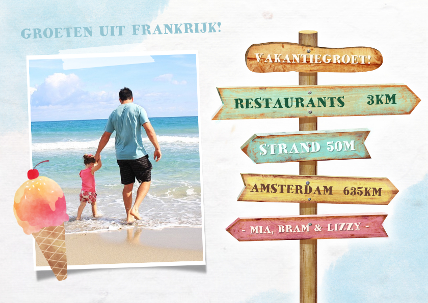 Vakantiekaarten - Vakantiekaart met eigen foto en houten wegwijzer bord