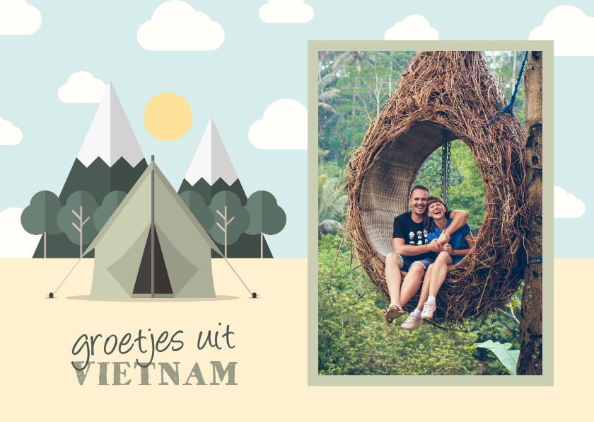 Vakantiekaarten - Vakantiekaart met foto en tent met bergen