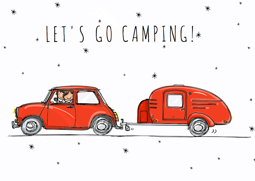 Vakantiekaarten - Vakantiekaart rode auto met caravan.