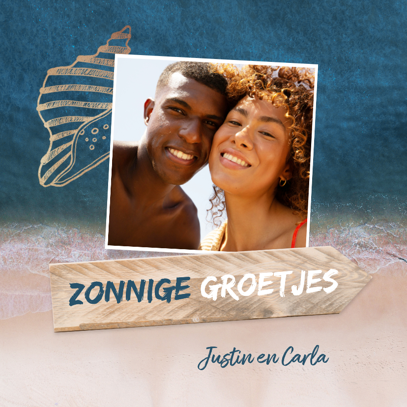 Vakantiekaarten - Vakantiekaart strand zee goud foto hout