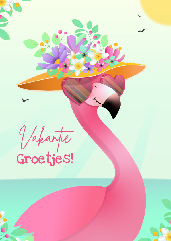Vakantiekaarten - Vakantiekaart tropisch humor flamingo met hartjes zonnebril
