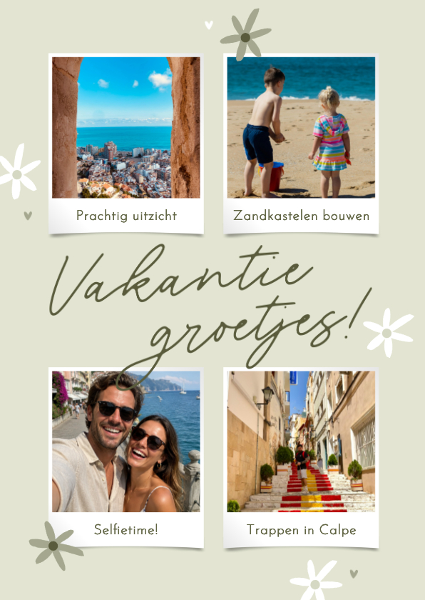 Vakantiekaarten - Vakantiekaart vakantiegroetjes groen 4 foto's en bloemetjes