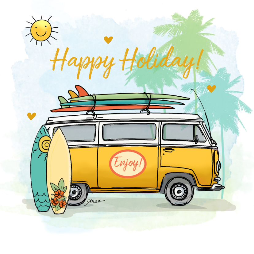 Vakantiekaarten - Vakantiekaart Volkswagenbusje surfplanken 