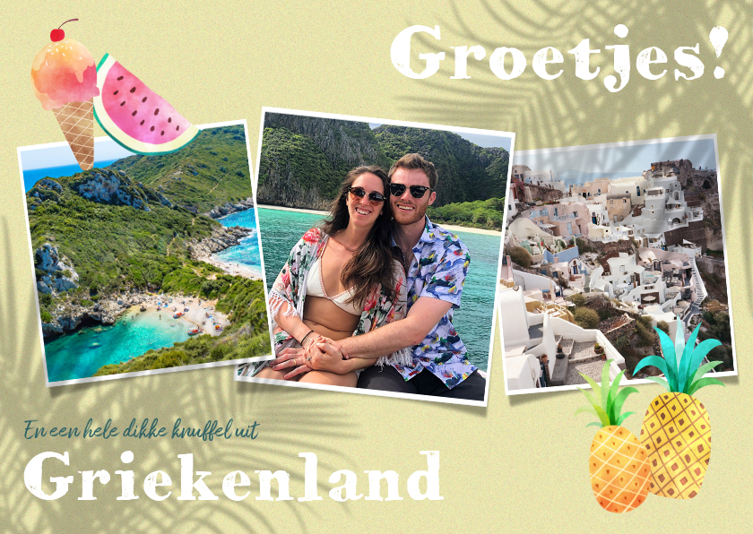 Vakantiekaarten - Vrolijke vakantiekaart met planten, fotocollage en fruit