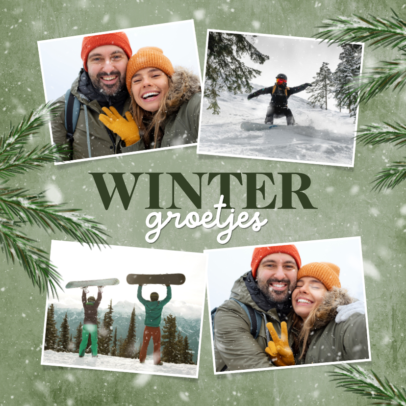 Vakantiekaarten - Winterse vakantiekaart groen sneeuw fotocollage dennentakjes