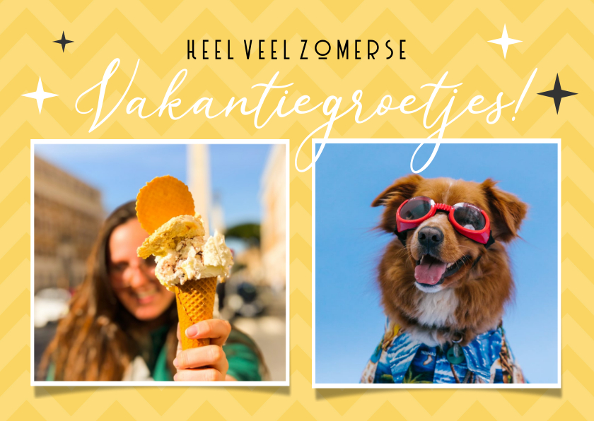 Vakantiekaarten - Zomerse gele vakantie ansichtkaart met 2 eigen foto's