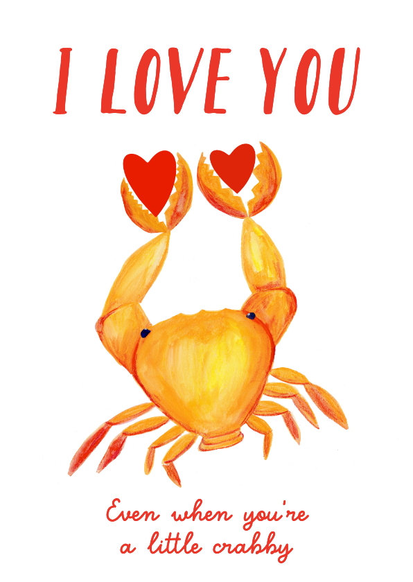 Valentijnskaarten - Grappige Valentijnskaart met crab en hartjes