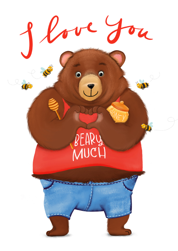 Grote beer met honingpot en bijtjes - Valentijnskaarten Valentijnskaarten - Grote beer met honingpot en bijtjes