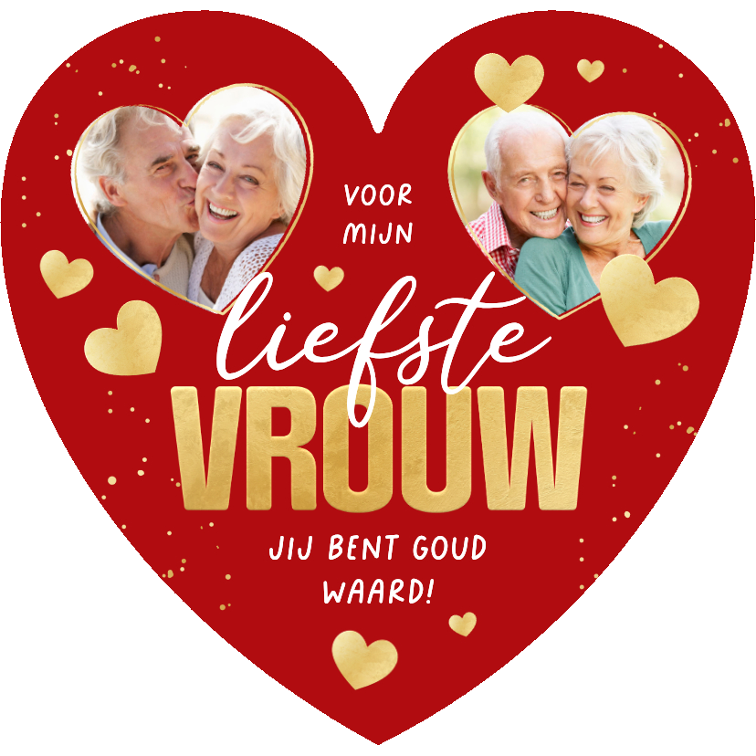 Valentijnskaarten - Hartvormige valentijnskaart goud hartjes liefste vrouw rood