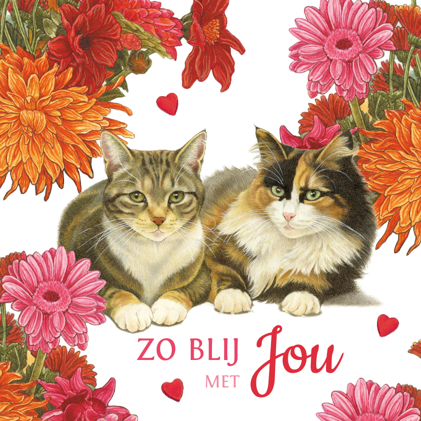 Valentijnskaarten - Liefdeskaart Zo blij met jou katten en bloemen