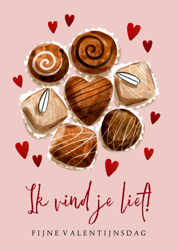 Valentijnskaarten - Lieve valentijnskaart bonbons waterverf hartjes rood