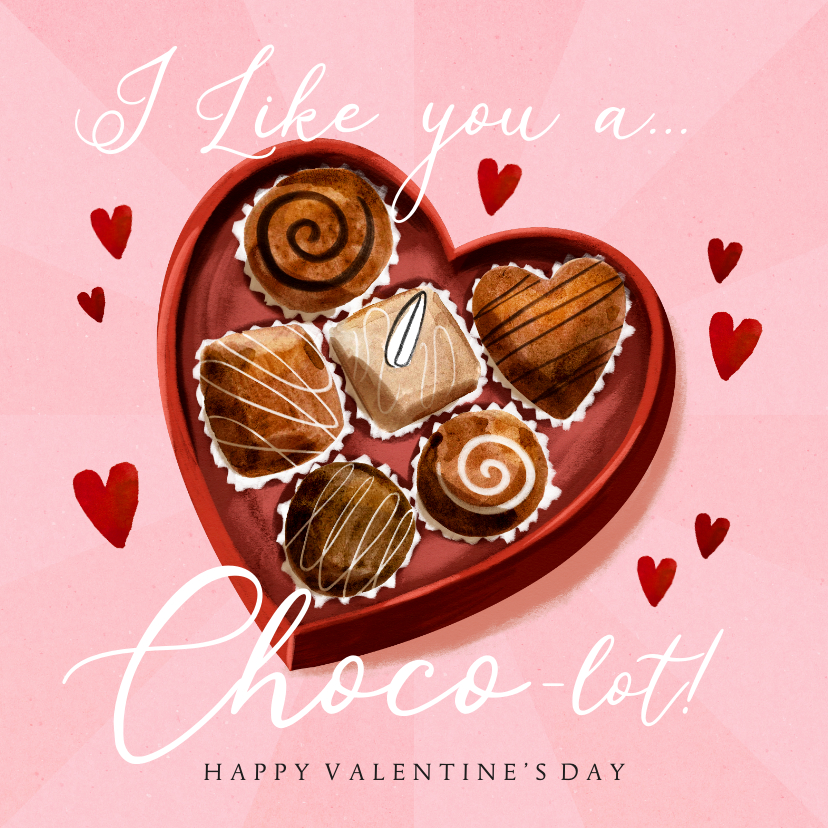 Valentijnskaarten - Lieve valentijnskaart 'Choco-lot' bonbons harten watercolor