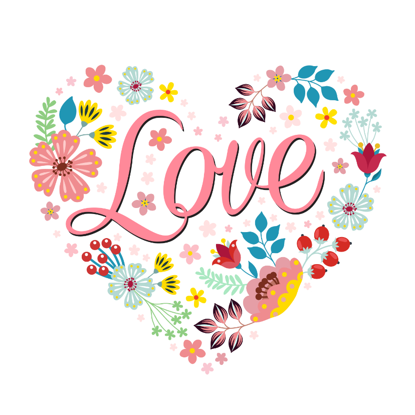 Valentijnskaarten - Love valentijnskaart met bloemen en planten