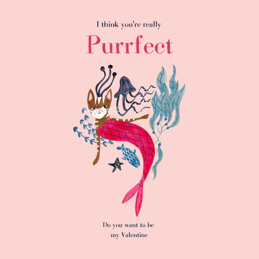 Purrfect Valentijnskaart met poes zeemeermin - Valentijnskaarten Valentijnskaarten - Purrfect Valentijnskaart met poes zeemeermin