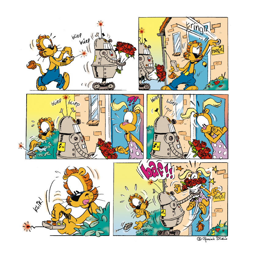 Valentijn strip Loeki robot met rozen - A - Valentijnskaarten Valentijnskaarten - Valentijn strip Loeki robot met rozen - A