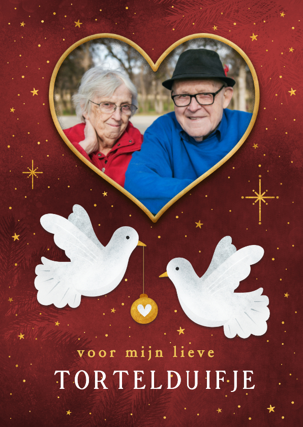 Valentijnskaarten - Valentijnsdag 2 witte tortelduifjes met eigen foto in hart