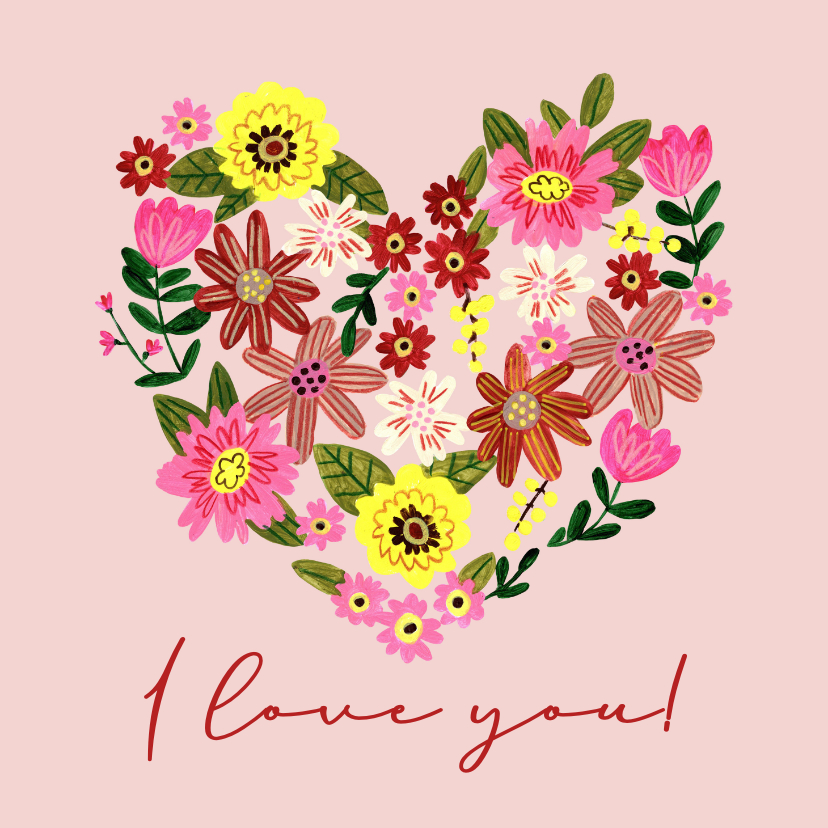 Valentijnskaarten - Valentijnskaart bloem hartje I love you