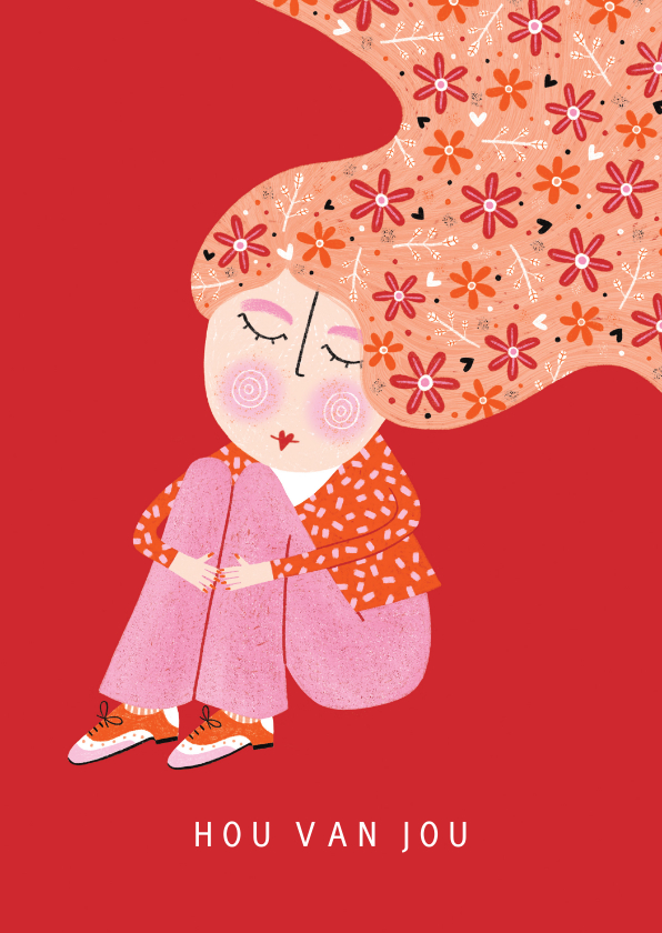 valentijnskaart dame bloemen in het haar rood - Valentijnskaarten Valentijnskaarten - valentijnskaart dame bloemen in het haar rood