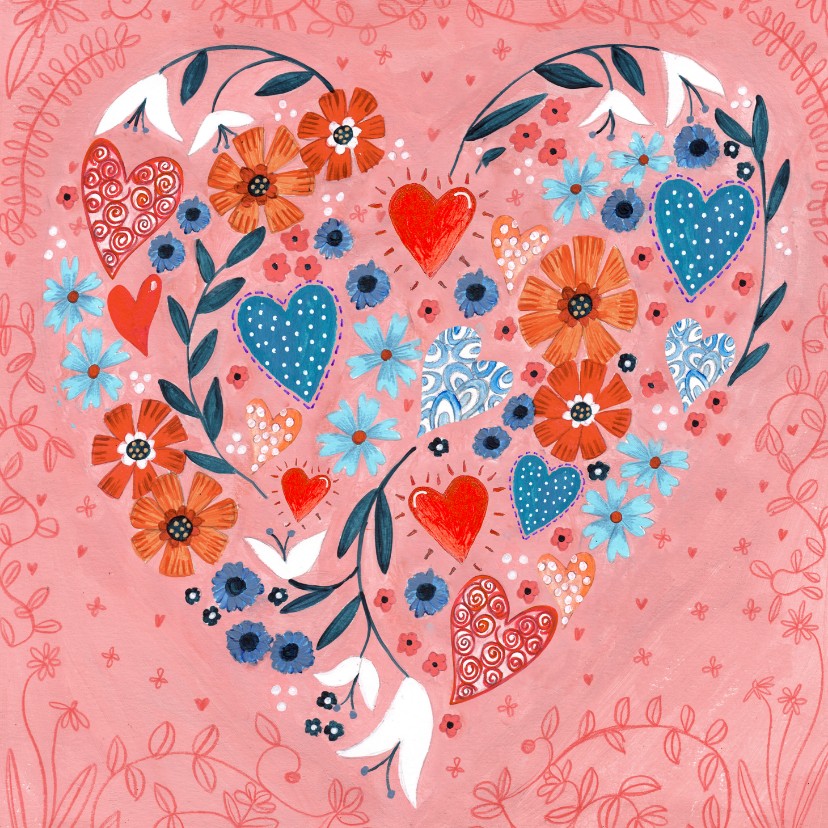 Valentijnskaarten - Valentijnskaart geschilderde hartjes en bloemen