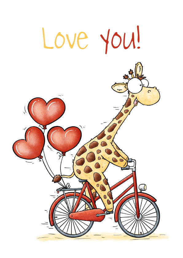 Valentijnskaarten - Valentijnskaart giraffe op de fiets met hartjesballon