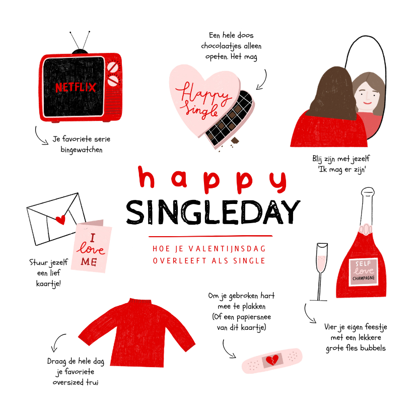 Valentijnskaarten - Valentijnskaart happy singleday tips illustratie rood roze