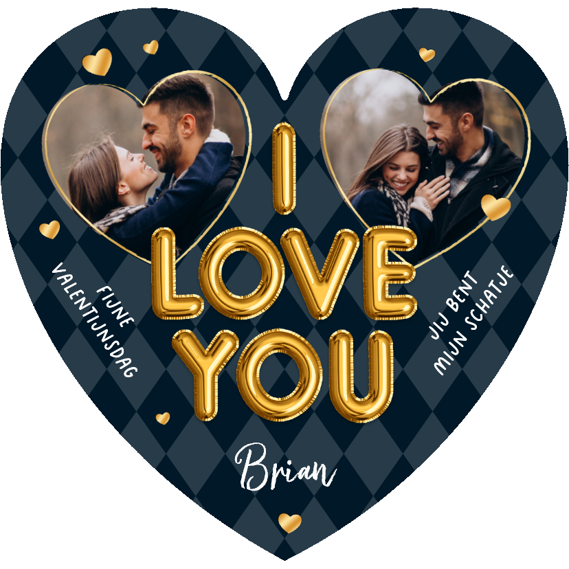 Valentijnskaarten - Valentijnskaart hartvorm foto's i love you gouden hartjes
