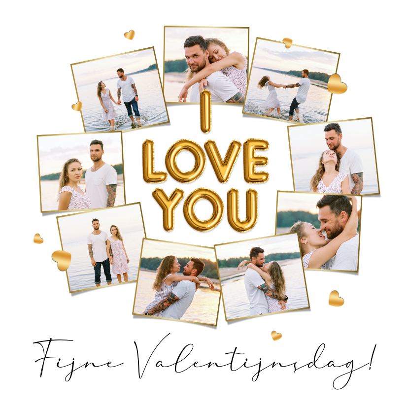 Valentijnskaarten - Valentijnskaart i love you met negen foto's gouden hartjes