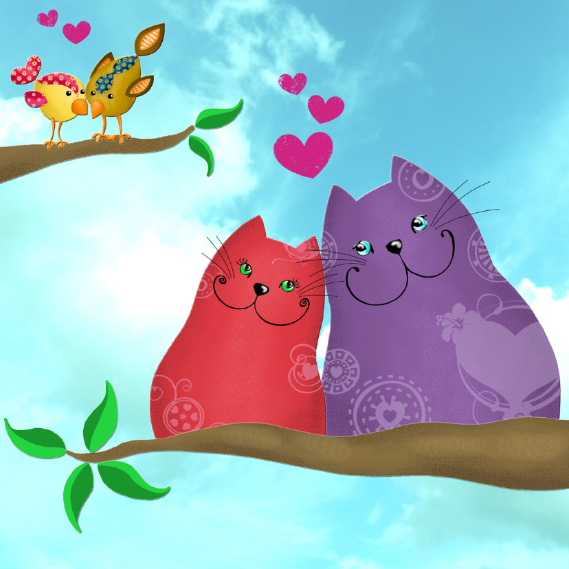 Valentijnskaart katten en vogels - Valentijnskaarten Valentijnskaarten - Valentijnskaart katten en vogels