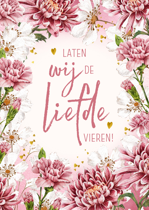 Valentijnskaarten - Valentijnskaart met bloemen en hartjes in goudlook