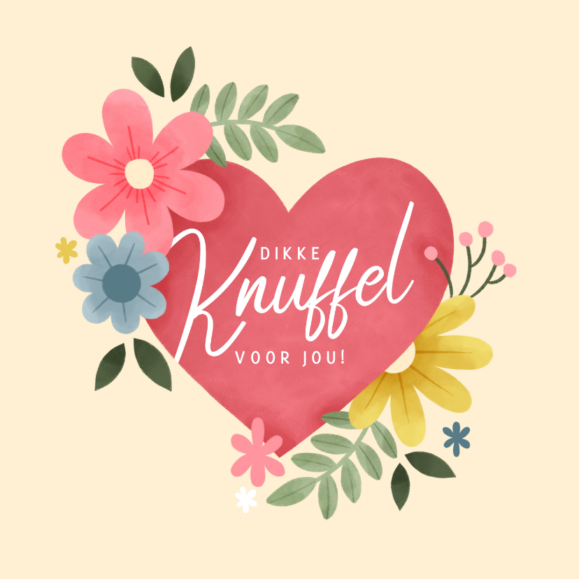 Valentijnskaart met hartje, bloemen, takjes 'Dikke knuffel' - Valentijnskaarten Valentijnskaarten - Valentijnskaart met hartje, bloemen, takjes 'Dikke knuffel'