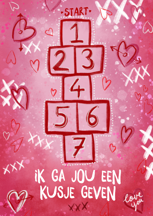 Valentijnskaart met hartjes en hinkstapsprong illustratie - Valentijnskaarten Valentijnskaarten - Valentijnskaart met hartjes en hinkstapsprong illustratie