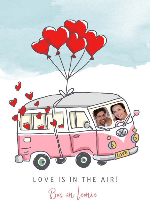 Valentijnskaarten - Valentijnskaart met vw busje zwevend aan balonnen