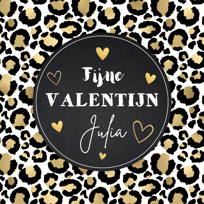 Valentijnskaarten - Valentijnskaart panterprint goudlook hartjes