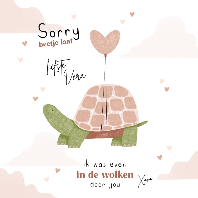 Valentijnskaarten - Valentijnskaart te laat schildpad in de wolken hartjes