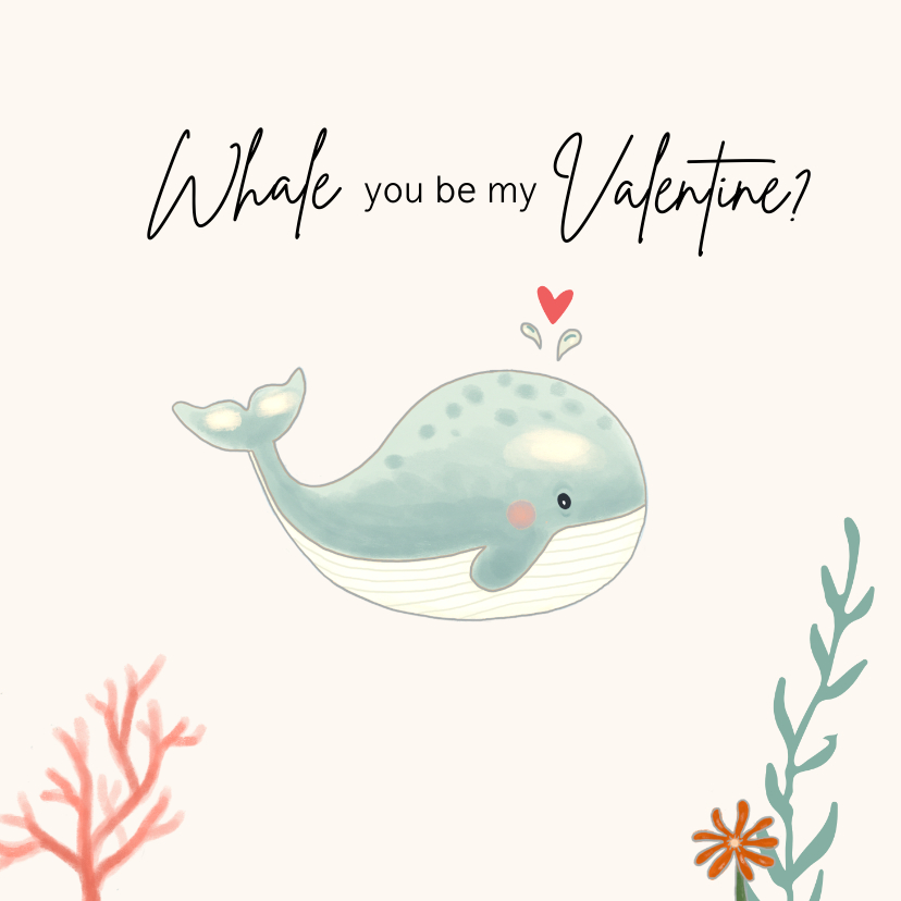 Valentijnskaarten - Valentijnskaart - Walvis mintgroen met koraal