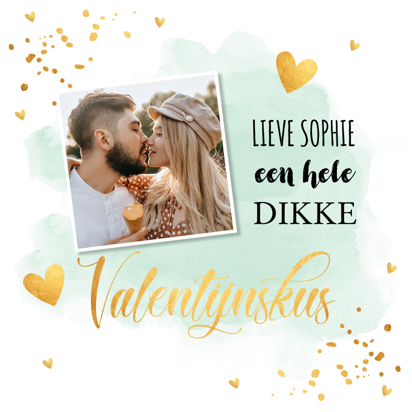 Valentijnskaart waterverf mintgroen goudlook hartjes foto - Valentijnskaarten Valentijnskaarten - Valentijnskaart waterverf mintgroen goudlook hartjes foto