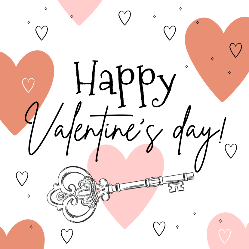 Valentijnskaarten - Vrolijke kaart met grote harten en geïllustreerde sleutel